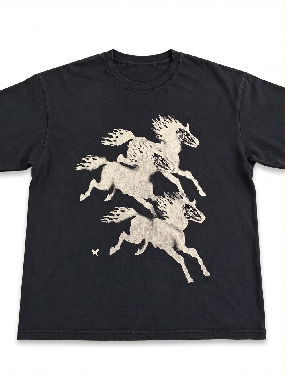 Skeleton Ghost Horses Flaming Mane Faded Black Dark Art T-Shirt